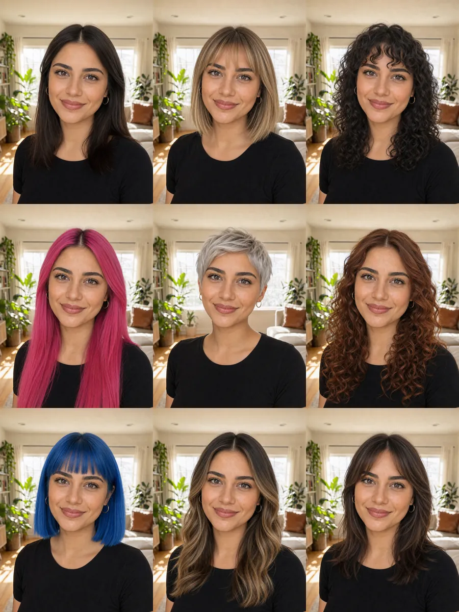 Aynı fotoğraftan üretilmiş dokuz farklı saç modeli